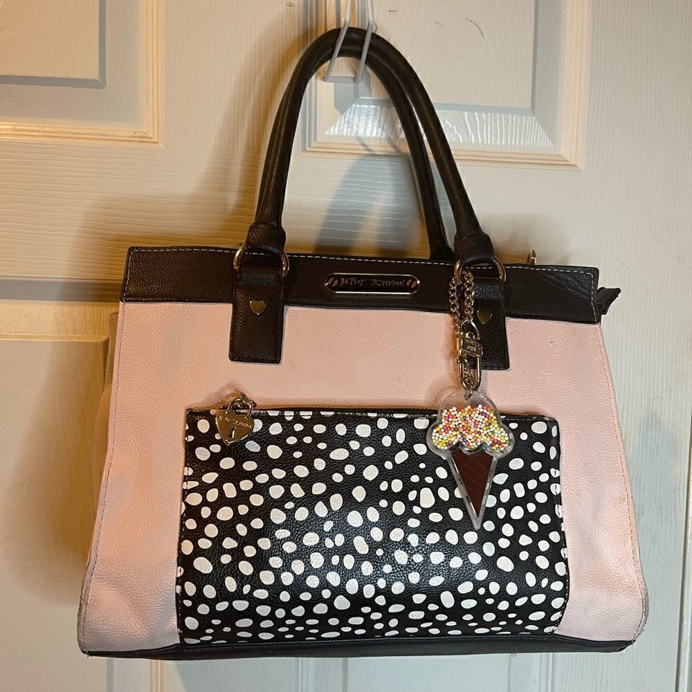 Betsey Johnson vegan leather pink & beige with black & white pocket,black straps